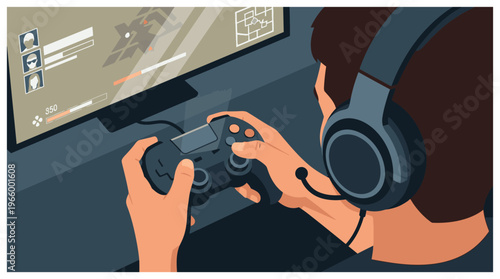 Person playing video games with controller.