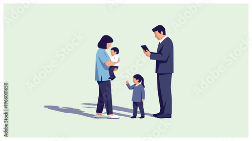 Family with children using smartphone technology.