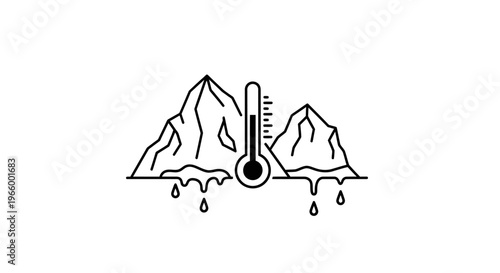 Global warming line icon with melting glacier and thermometer, climate change concept vector, arctic ice cap melting due to rising temperature