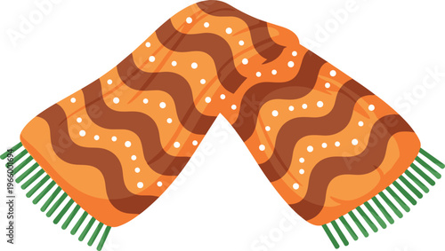 Cozy Winter Scarf Vector Illustration Featuring Orange And Brown Wavy Pattern With White Polka Dots And Green Fringe.eps