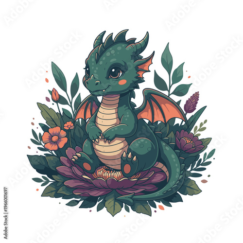 A cute cartoon green dragon sitting on flowers.