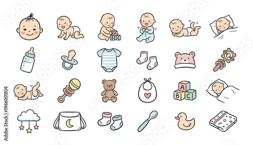 A collection of baby related icons and symbols.