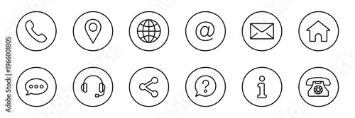 Website web icon set collection, contact and communication vector icons with phone mail address chat support symbols, minimal flat design style