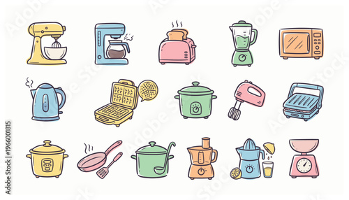Colorful kitchen utensils and appliances illustration.