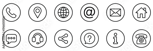 Contact us icon set for website and web applications, communication symbols including phone email chat location and support service elements, modern clean vector design