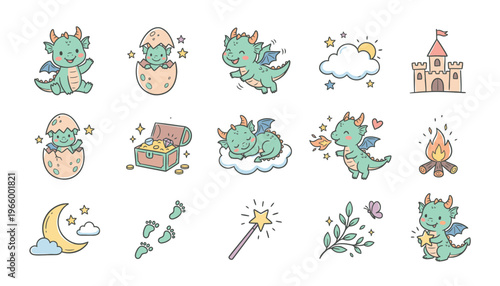 Whimsical dragon illustrations and fantasy icons.