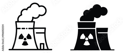 Nuclear power plant vector icon set, nuclear energy symbol pack, modern icons representing reactors, radiation signs, and atomic facilities
