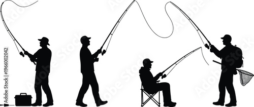 WebFisherman silhouettes set featuring men with fishing rods, casting lines, sitting on chairs, carrying nets, and outdoor hobby vector illustrations.