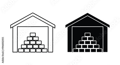 Black and white line art illustrations of two sheds with brick piles inside on a white background.