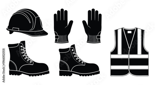 Construction safety equipment including a hard hat gloves boots and vest presented as a dark silhouette high quality professional detailed modern