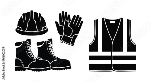 A collection of black safety equipment including a helmet gloves vest and boots presented as a silhouette high quality professional detailed