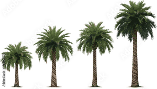 Set of four detailed palm tree vectors in various growth stages featuring green fronds and textured trunks isolated on white background for tropical landscape design.