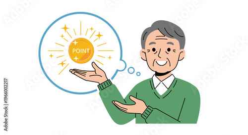 Happy senior man in a green sweater presents a large gold point coin shining inside a thought bubble to promote a loyalty program.