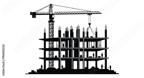 A construction site with a tall crane and partially built concrete structure depicted as a striking silhouette high quality professional detailed