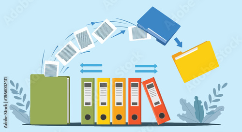 Data migration process showing documents flying between office folders and colorful ring binders representing digital document management and organization.