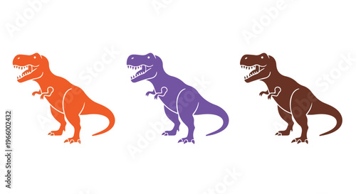 Three colorful dinosaur silhouettes standing side by side on a plain white background with vibrant orange, purple, and brown hues.