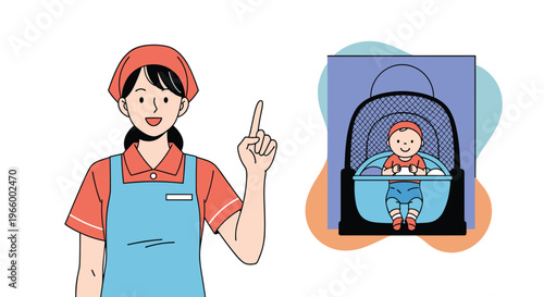 Smiling shop assistant in an apron points upward while showcasing a baby seat product against a soft colorful background.