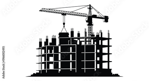 A stark black silhouette depicts a construction site with a towering crane and incomplete building structure silhouette high quality professional detailed