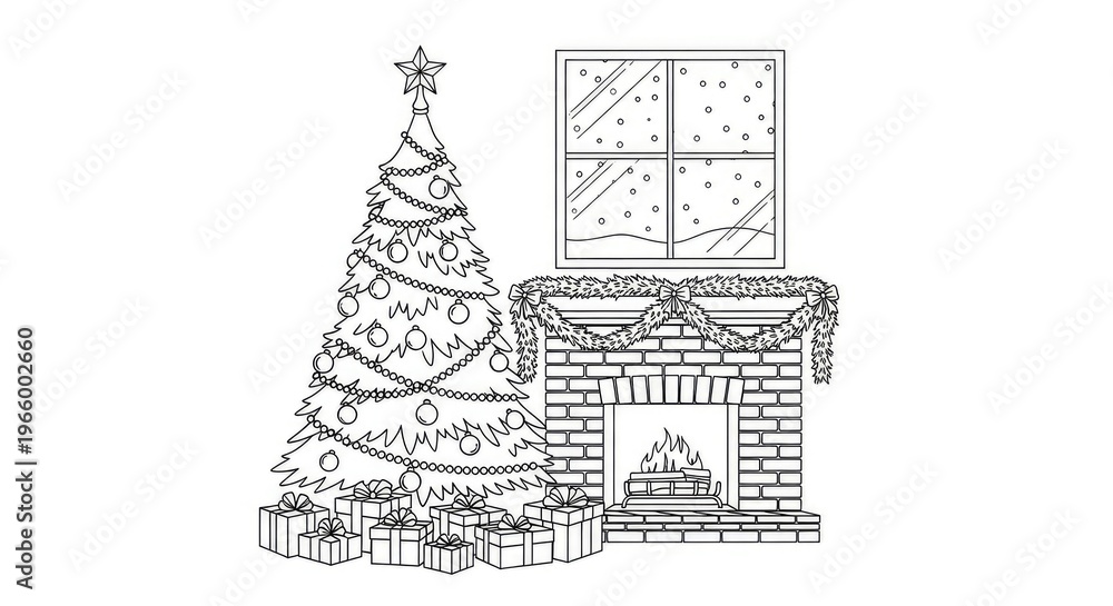Fototapeta premium Christmas tree and fireplace scene