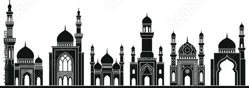Islamic mosque silhouettes set featuring traditional domes, minarets, arabic architecture, masjid buildings, and middle eastern landmarks for ramadan or religious design.