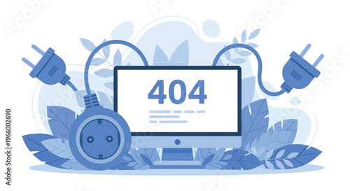 A monitor displaying a 404 error message with two large electrical plugs and a power outlet, surrounded by stylized leaves.