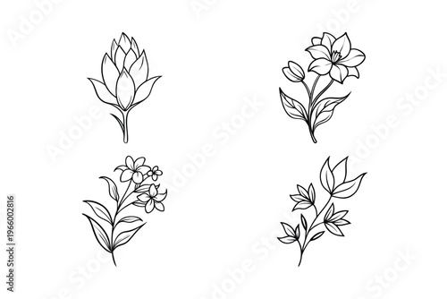 Simple Flower Line Art Set