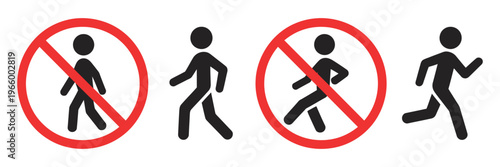 Pedestrian allowed and no pedestrian sign set, walking person symbols in green and red circle, isolated on light background, traffic regulation icons for road safety