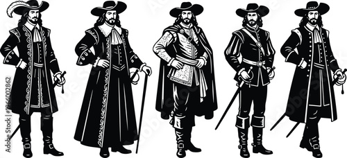 WebMusketeer Silhouettes Set, 17th Century French Guards, Baroque Noblemen with Swords, Historical European Soldiers, Vintage Knight Poses, Cavalier Outfits, Isolated