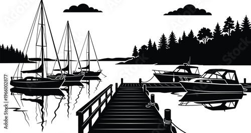 WebPeaceful marina silhouette featuring sailboats and motorboats docked at a wooden pier with pine forest background reflecting on calm water