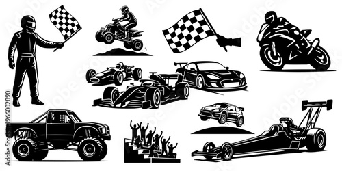 Motorsport and car racing black silhouettes vector set. Motorcycle, rally car, monster truck, and dragster racing icons isolated
