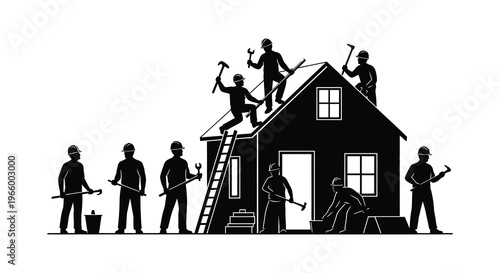 A group of construction workers building a house depicted in a striking black silhouette high quality professional detailed modern elegant stylish