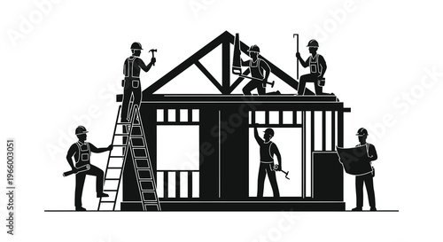 Construction workers collaborate on framing a house structure depicted in a striking black and white silhouette high quality professional detailed modern