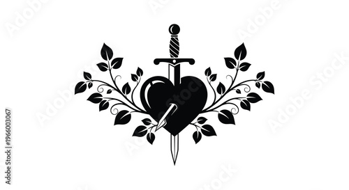 A stark black silhouette depicts a heart pierced by a sword framed by lush foliage and vines symbolizing heartbreak silhouette