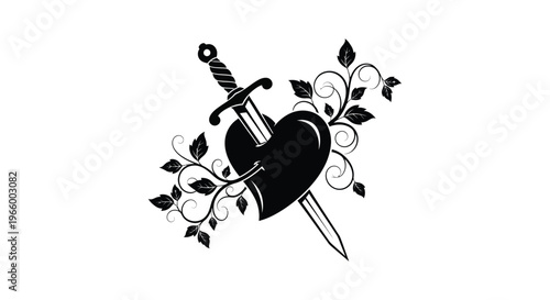 A black silhouette depicts a heart pierced by a sword adorned with floral vines symbolizing love and pain silhouette high quality