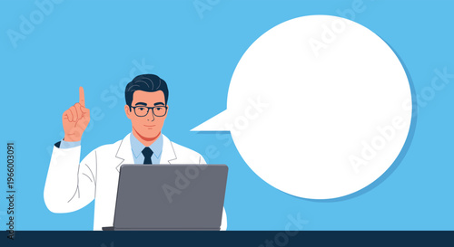Professional male doctor in a white coat sits at his laptop and raises one finger to give a health tip or advice.