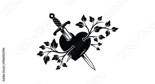 A striking black silhouette depicts a heart pierced by a dagger entwined with foliage symbolizing heartbreak and pain silhouette high quality
