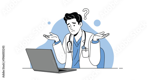 Confused male doctor with a stethoscope shruggs his shoulders with a question mark over his head while looking at a laptop.