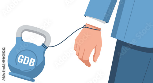economic debt burden symbolized by man chained to heavy weight with gdb label representing financial constraint and economic crisis impacting individual.