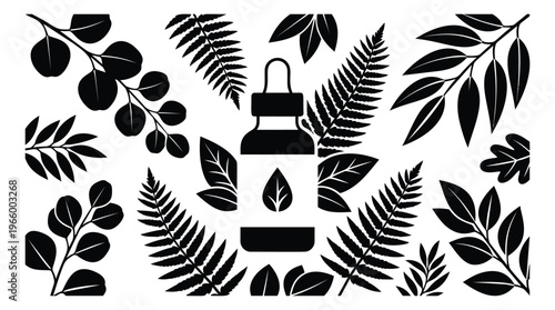 Silhouette set of botanical elements featuring dropper bottle, fern fronds and tropical leaves for natural wellness design
