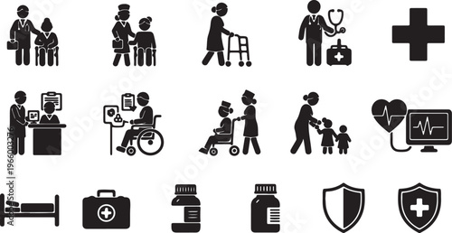 Minimal Doctor Patient Care Silhouette Icon Set Healthcare Vector Collection