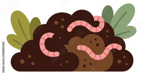 Flat illustration of earthworms in soil depicting composting and garden ecology for nature and gardening design