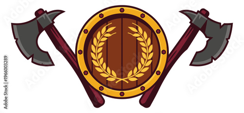 Cartoon illustration of crossed battle axes and wooden shield depicting viking warrior emblem for game and heraldry design