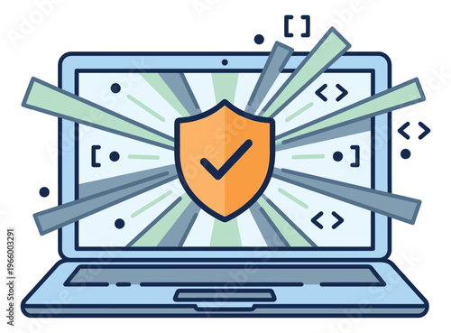 Cartoon illustration of a laptop with security shield depicting antivirus protection and safe coding for cybersecurity design