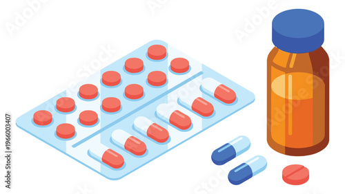 Isometric illustration of medicine tablets and pill bottle depicting pharmaceutical supplies for healthcare and medical design