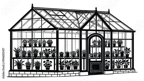 Silhouette illustration of a Victorian greenhouse depicting glass structure with potted plants on shelves for garden and botanical design