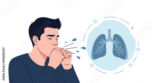 Young man coughs into his hands with a diagram of lungs displayed next to him in a circular medical icon bubble.