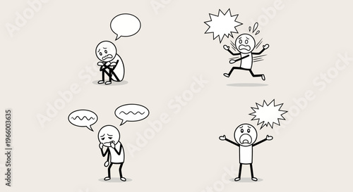 Stick Figure Cartoon Man Experiencing Sadness Fear Anxiety and Shock on Divided Background, Negative Emotions and Stress Vector