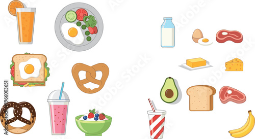 Breakfast and Snack Icon Set Featuring Eggs, Sandwiches, Beverages, and Healthy Foods for Nutrition, Morning Meals, and Grocery Themes
