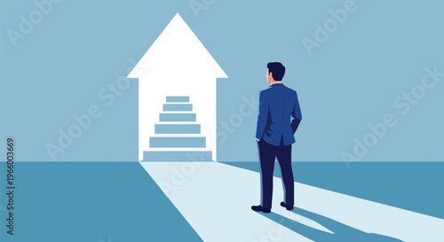 Businessman looking at bright house shaped doorway with stairs symbolising career growth and real estate goals with shadow on floor under blue background.