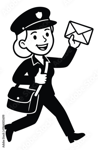 Cartoon illustration of a cheerful mail carrier depicting letter delivery in motion for postal and communication design